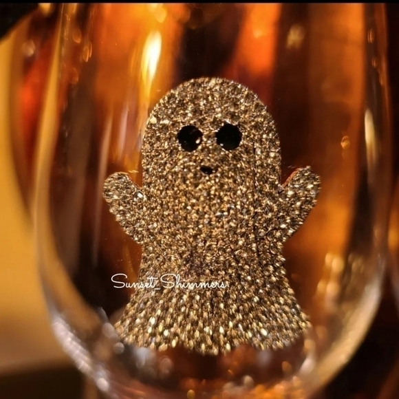 2pc Halloween GHOST Silver Crystal Rhinestone Stemless Wine Glass Set New - Picture 5 of 8